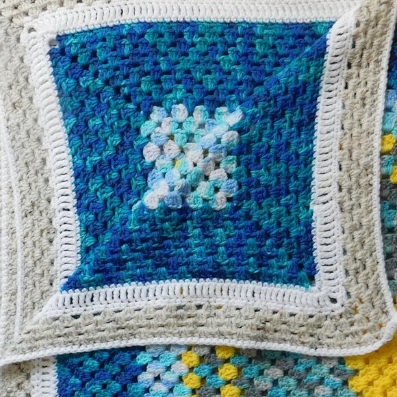 Handmade Crochet Afghan Knit Throw Lap Blanket 50 x 52 "  Blue Yellow Turquoise - Picture 3 of 6